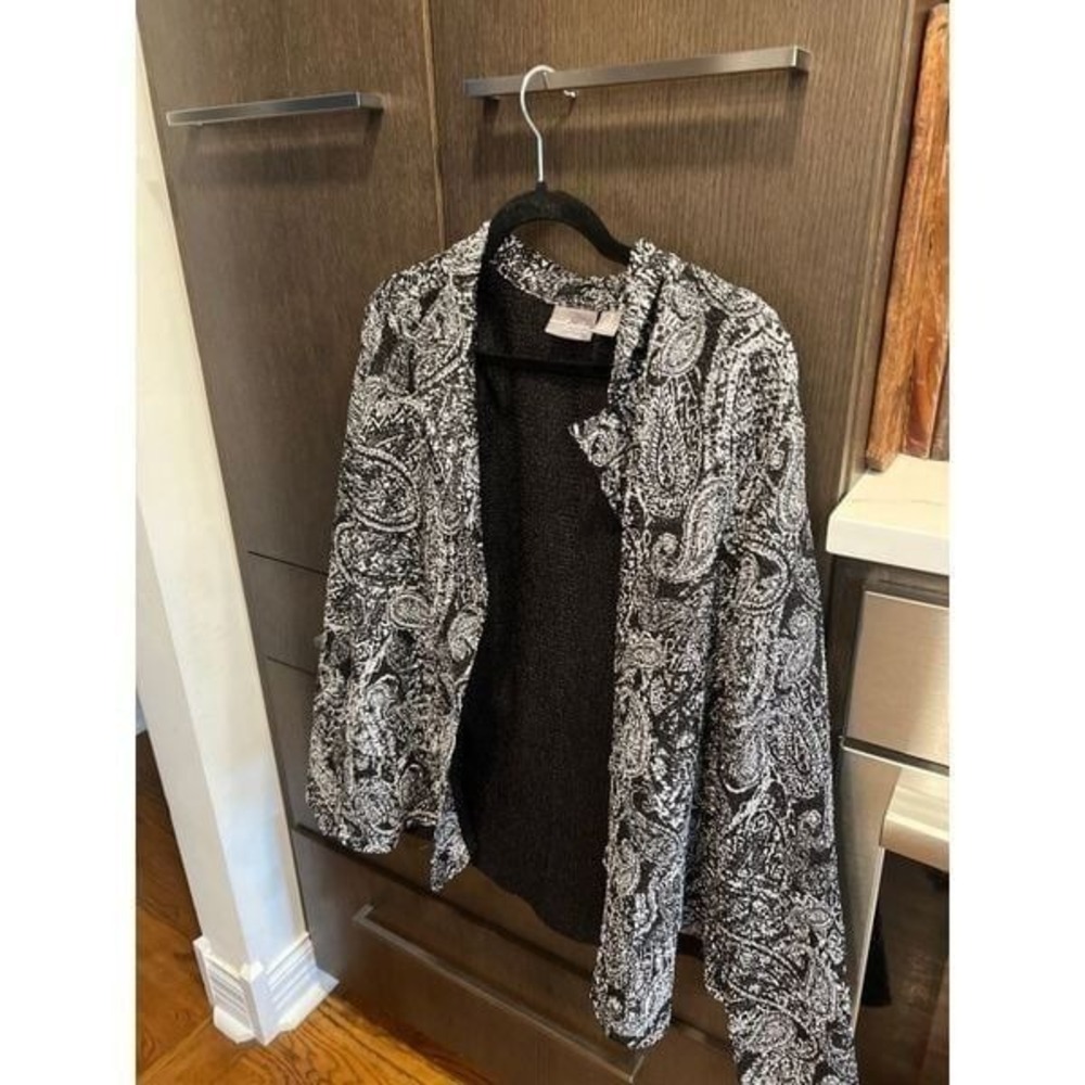 Chico's Travelers Collection Jacket Women's Size 3 Black‎ White Large Crinkle